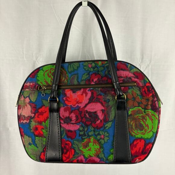 Vintage 70s Floral Tapestry Weekender Carry On Bag Tote Red Pink Green Blue - Picture 6 of 8